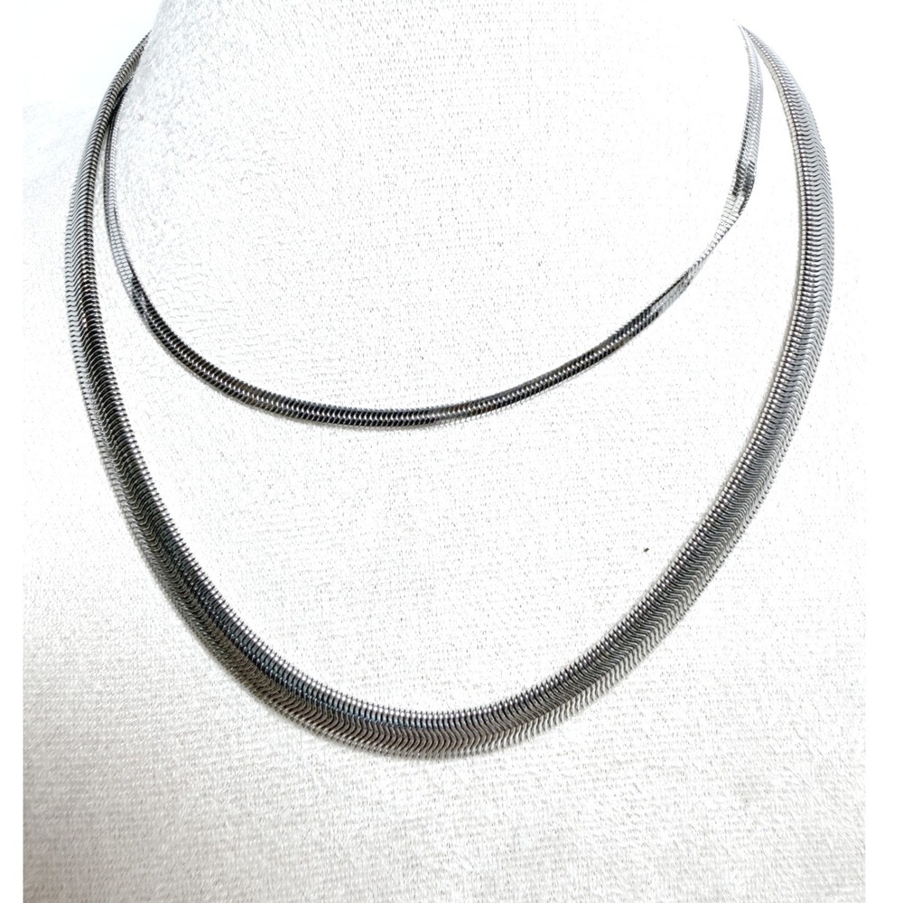 Silver Tone Herringbone Chain Necklace Set 2 Layering Choker Necklaces